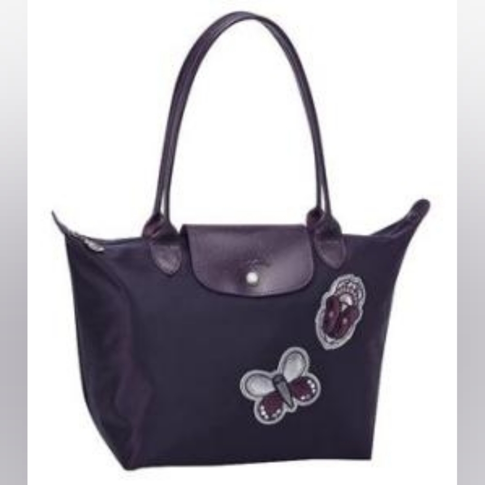 Longchamp Dark Purple Tote with Butterfly Accents